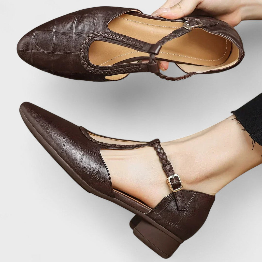 Caitlin | Classic Braided T-Bar Block Heel Shoes — Brown — Alfa Empire, view 1