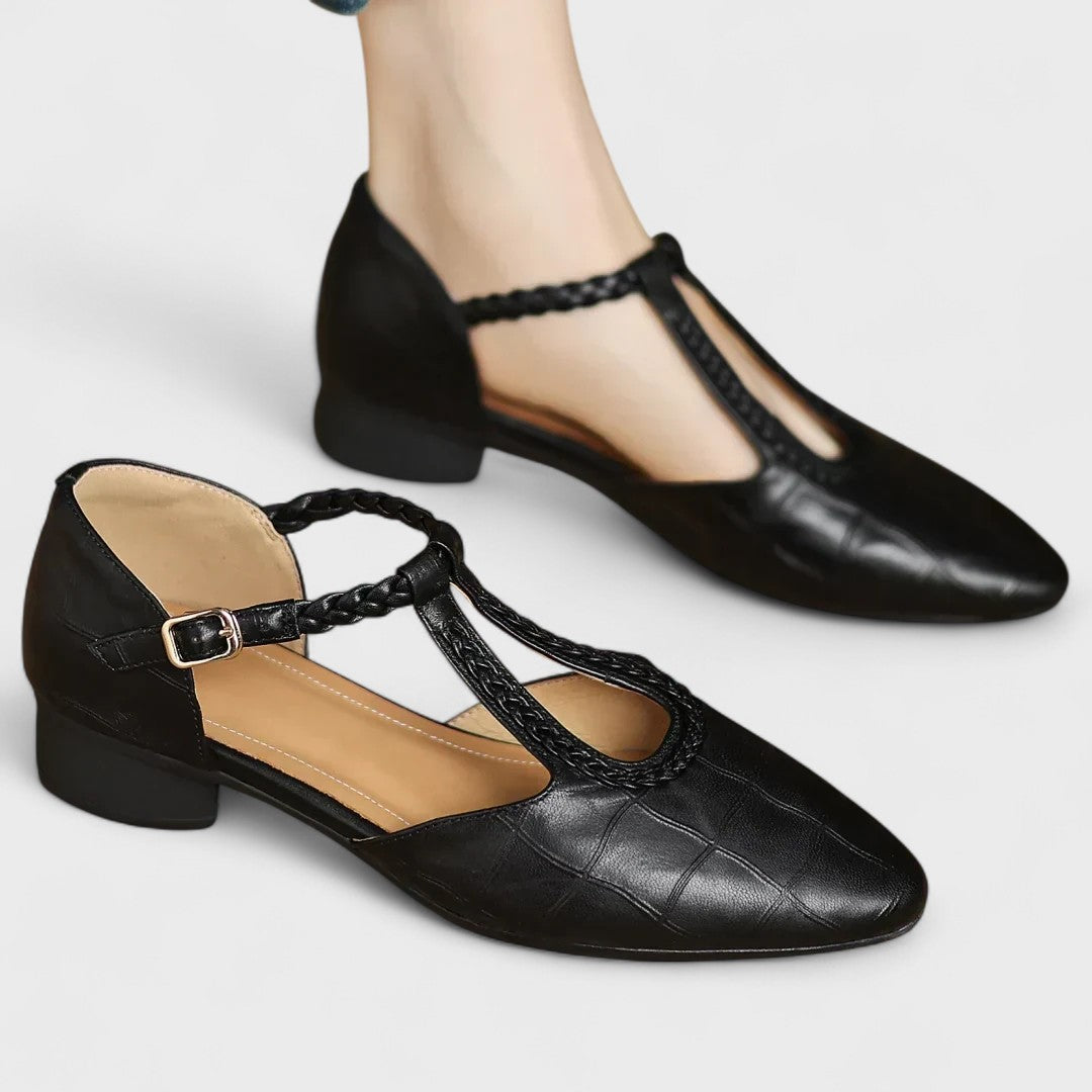 Caitlin | Classic Braided T-Bar Block Heel Shoes — Black — Alfa Empire, view 2