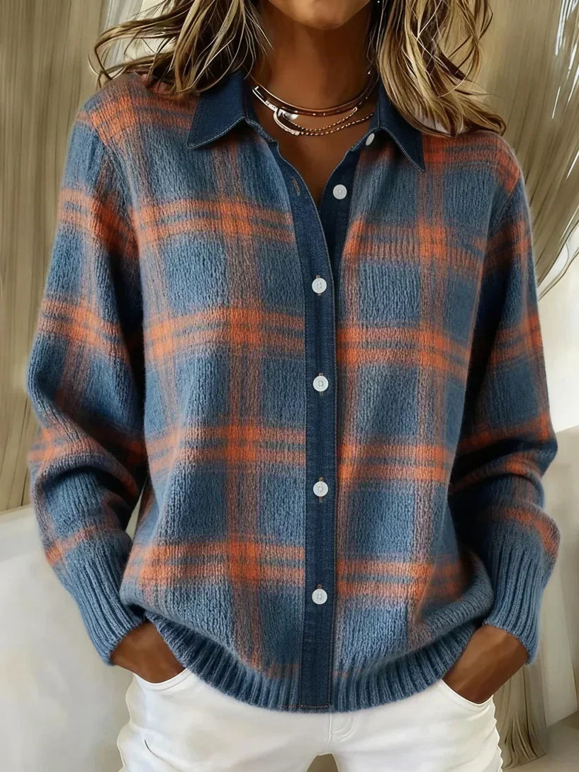 Camellia | Refined & Cozy Checkered Cardigan — Blue and Orange — Alfa Empire, view 1