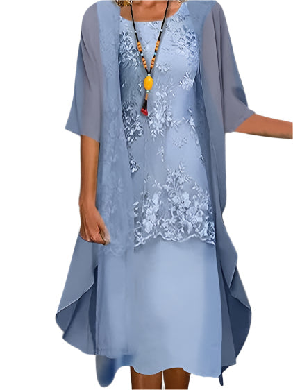 Caroline | Modern Flowing Sheer Sleeve Midi Dress — Blue — Alfa Empire, view 1