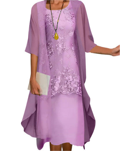 Caroline | Modern Flowing Sheer Sleeve Midi Dress — Purple — Alfa Empire, view 3