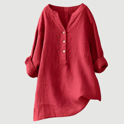 Cassia | Refined V-Neck Button-Down Shirt — Watermelon Red — Alfa Empire, view 1