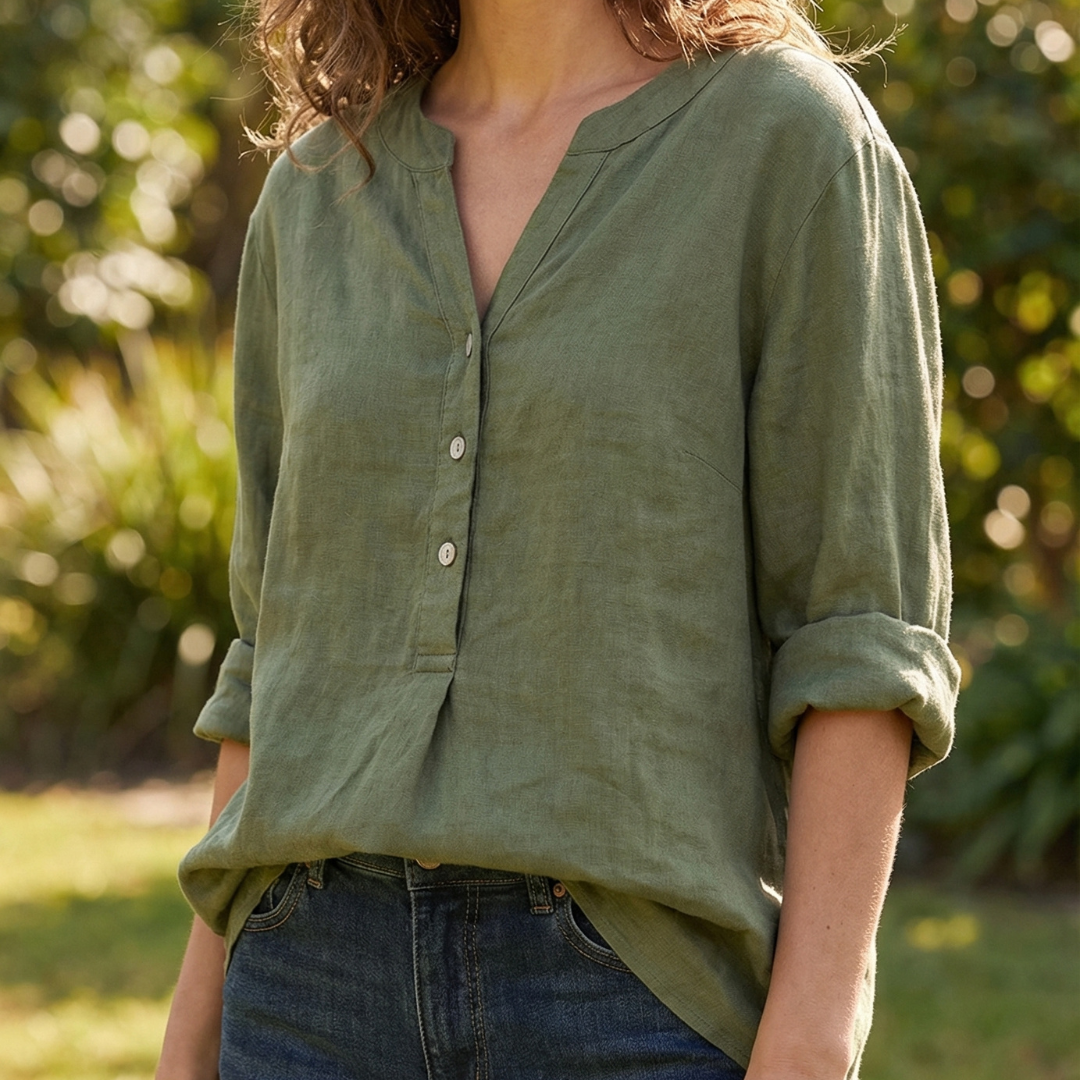 Cassia | Refined V-Neck Button-Down Shirt — Alfa Empire, view 3