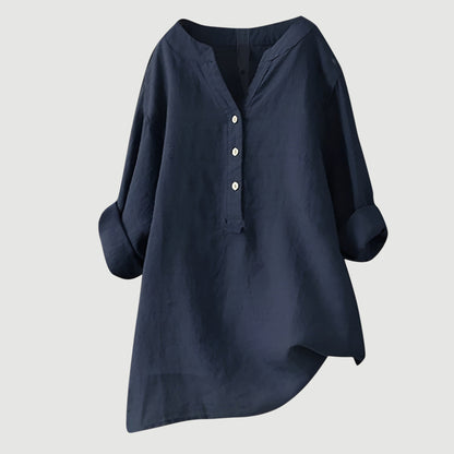 Cassia | Refined V-Neck Button-Down Shirt — Navy Blue — Alfa Empire, view 5