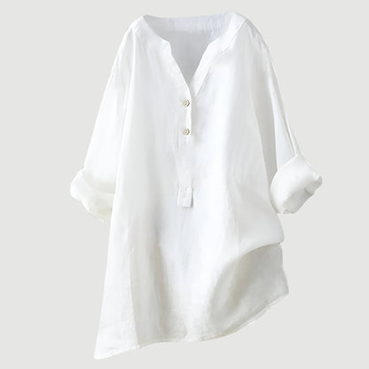 Cassia | Refined V-Neck Button-Down Shirt — White — Alfa Empire, view 7