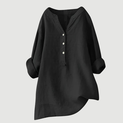 Cassia | Refined V-Neck Button-Down Shirt — Black — Alfa Empire, view 9