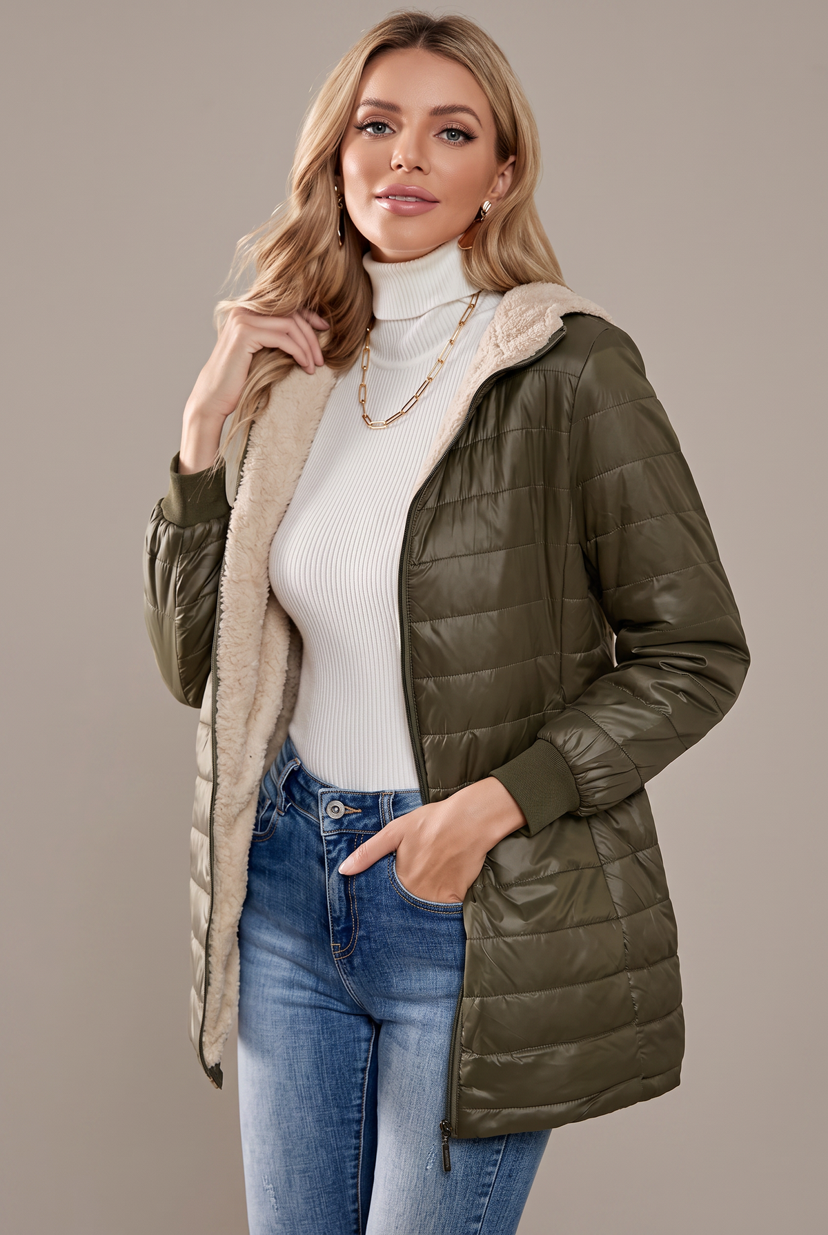 Catriona | Lightweight Quilted Spring Jacket — Olive green — Alfa Empire, view 3
