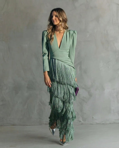 Celina | Flowy V-Neck Long Sleeve Dress — Light Green — Alfa Empire, view 1