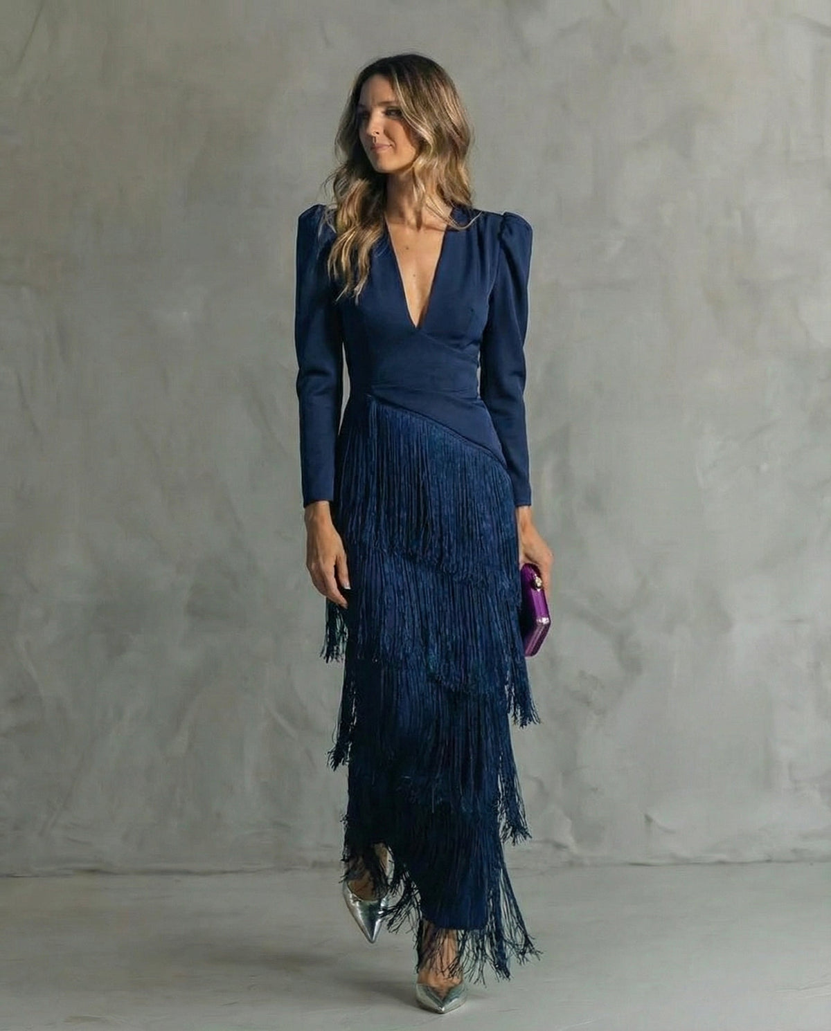 Celina | Flowy V-Neck Long Sleeve Dress — Blue — Alfa Empire, view 2
