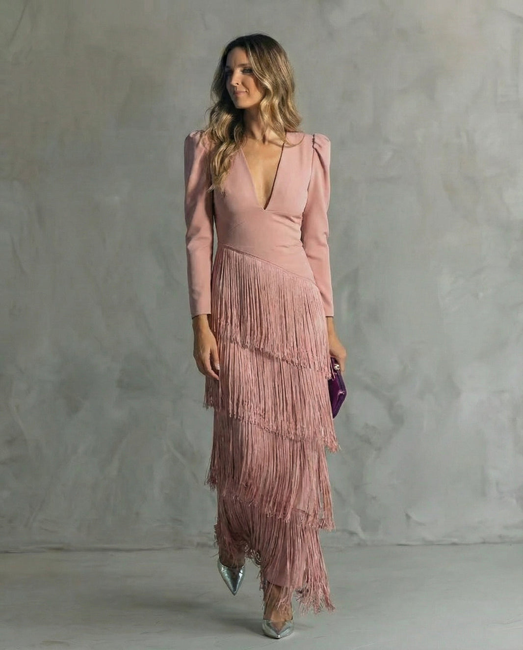 Celina | Flowy V-Neck Long Sleeve Dress — Pink — Alfa Empire, view 3