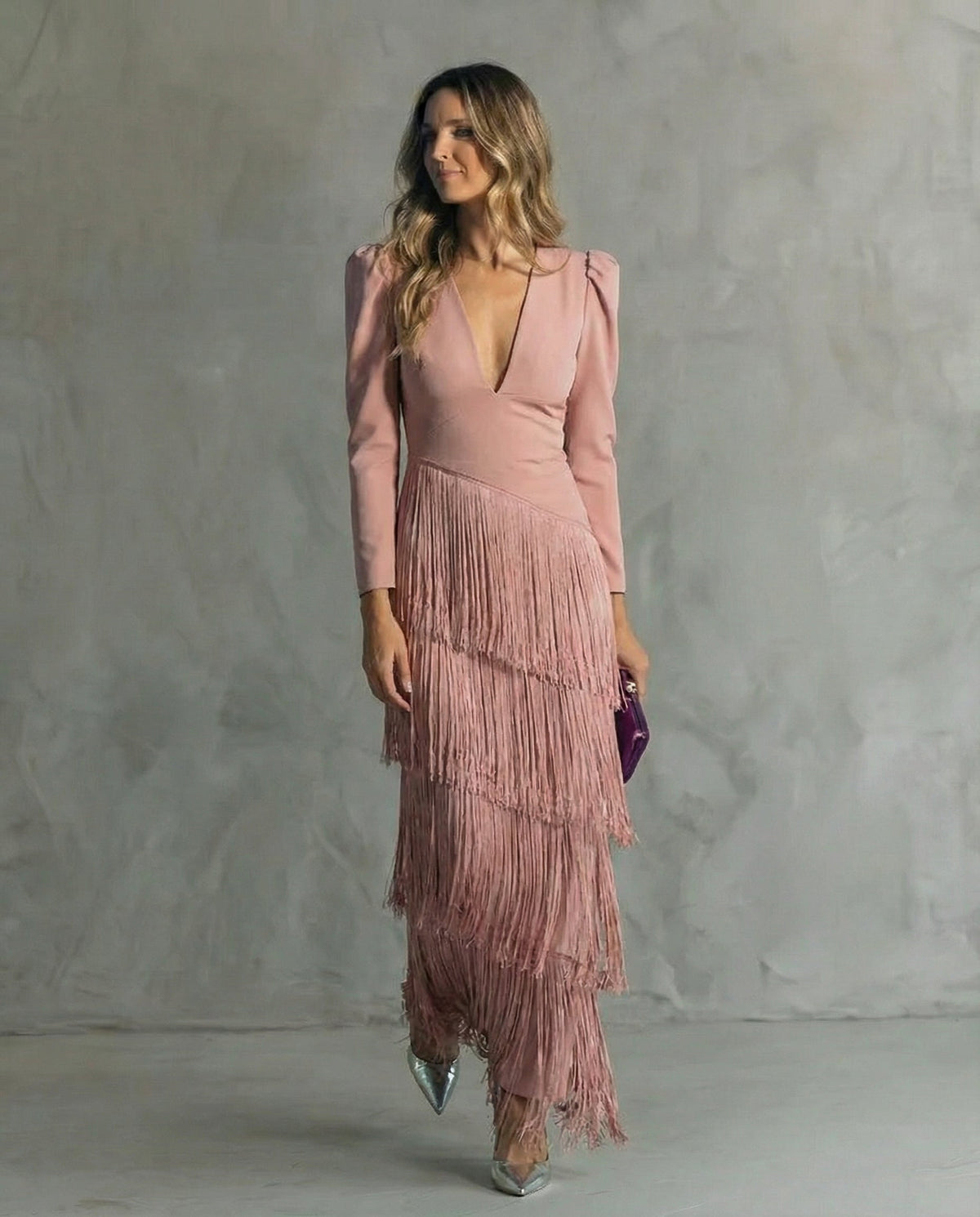 Celina | Flowy V-Neck Long Sleeve Dress — Pink — Alfa Empire, view 3
