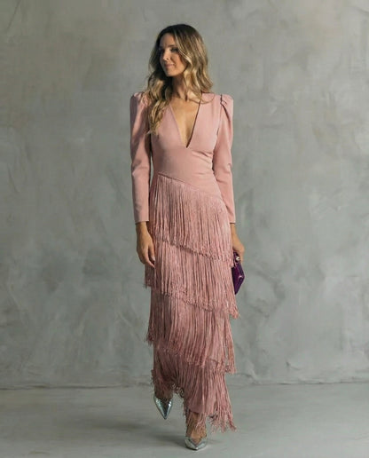 Celina | Flowy V-Neck Long Sleeve Dress — Pink — Alfa Empire, view 3