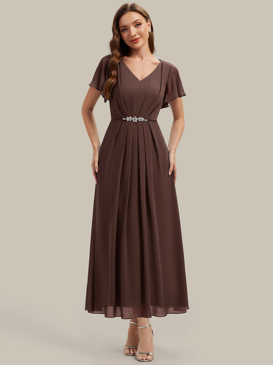 Chiffon Rhinestone Embellished Ruffle Sleeve Wedding Guest Dress — Chocolate Brown