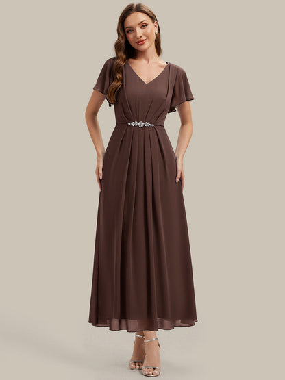 Chiffon Rhinestone Embellished Ruffle Sleeve Wedding Guest Dress — Chocolate Brown