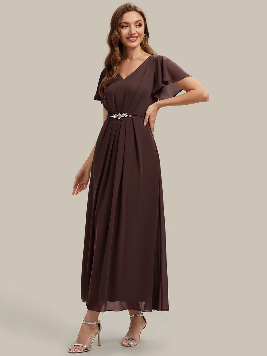 Chiffon Rhinestone Embellished Ruffle Sleeve Wedding Guest Dress