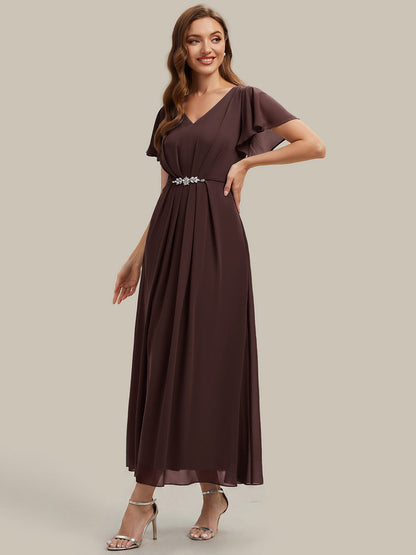 Chiffon Rhinestone Embellished Ruffle Sleeve Wedding Guest Dress