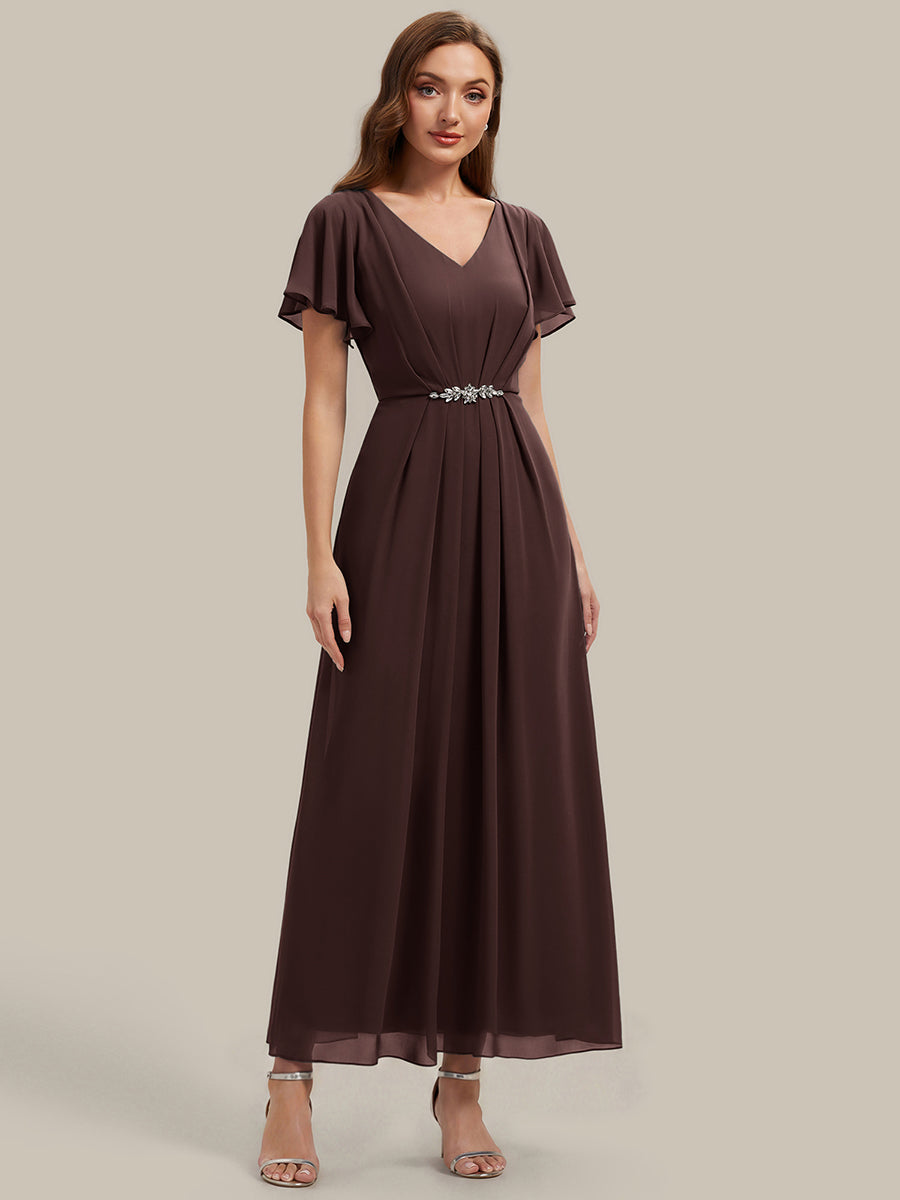 Chiffon Rhinestone Embellished Ruffle Sleeve Wedding Guest Dress