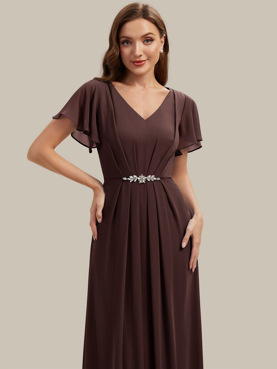 Chiffon Rhinestone Embellished Ruffle Sleeve Wedding Guest Dress
