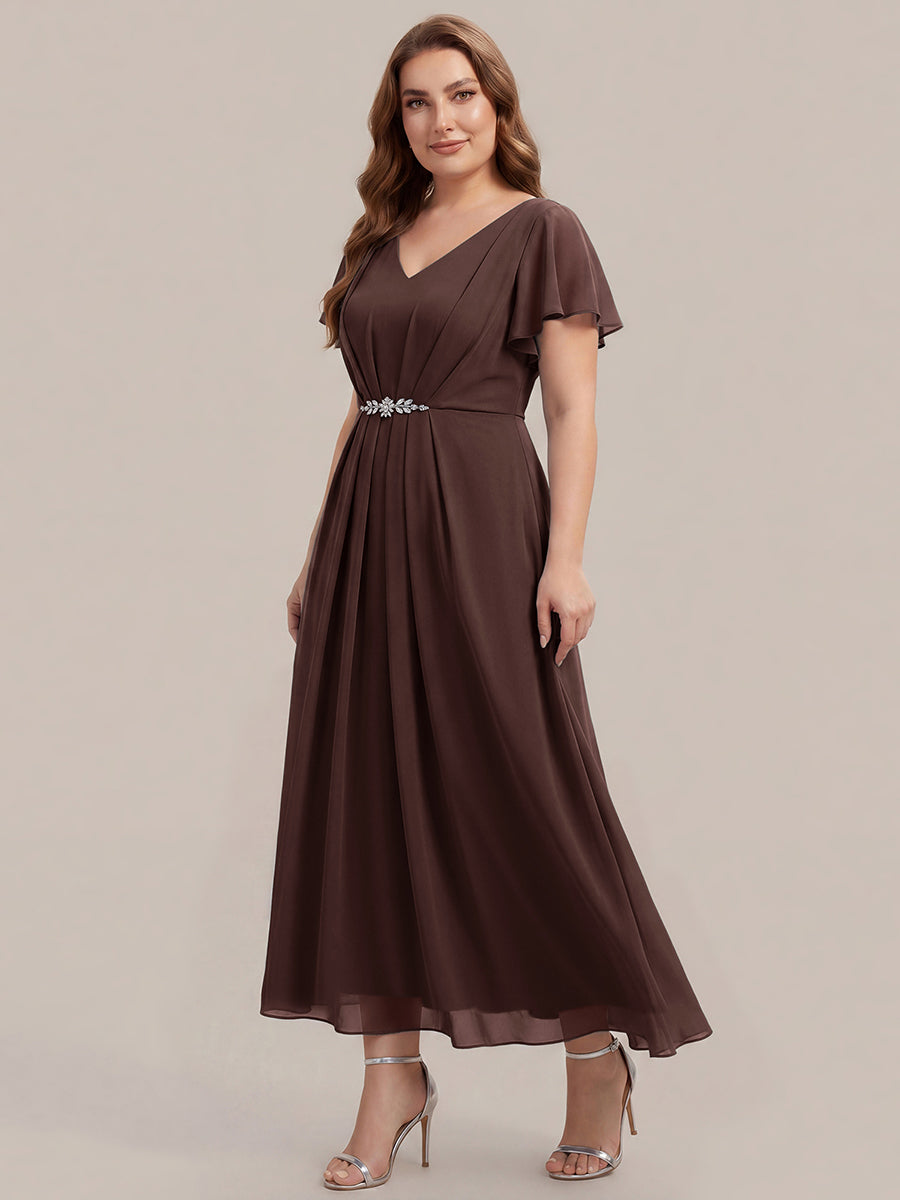Chiffon Rhinestone Embellished Ruffle Sleeve Wedding Guest Dress