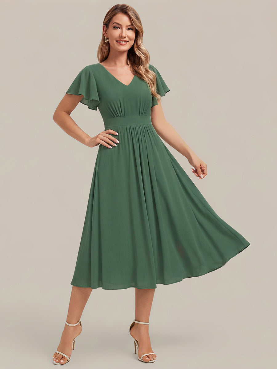 Chiffon Ruffle Sleeve A-Line Wedding Guest Dress — Eucalyptus