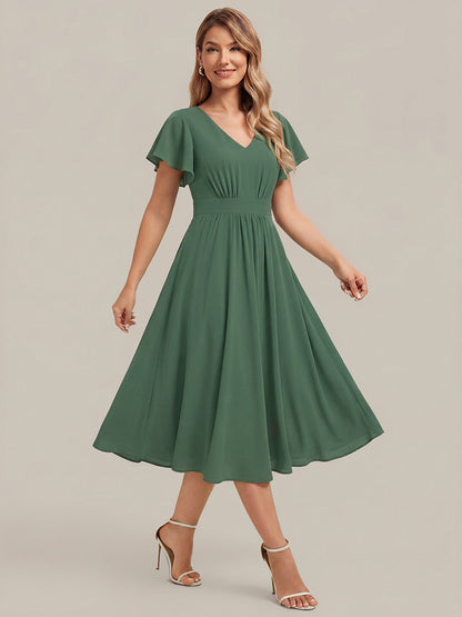 Chiffon Ruffle Sleeve A-Line Wedding Guest Dress