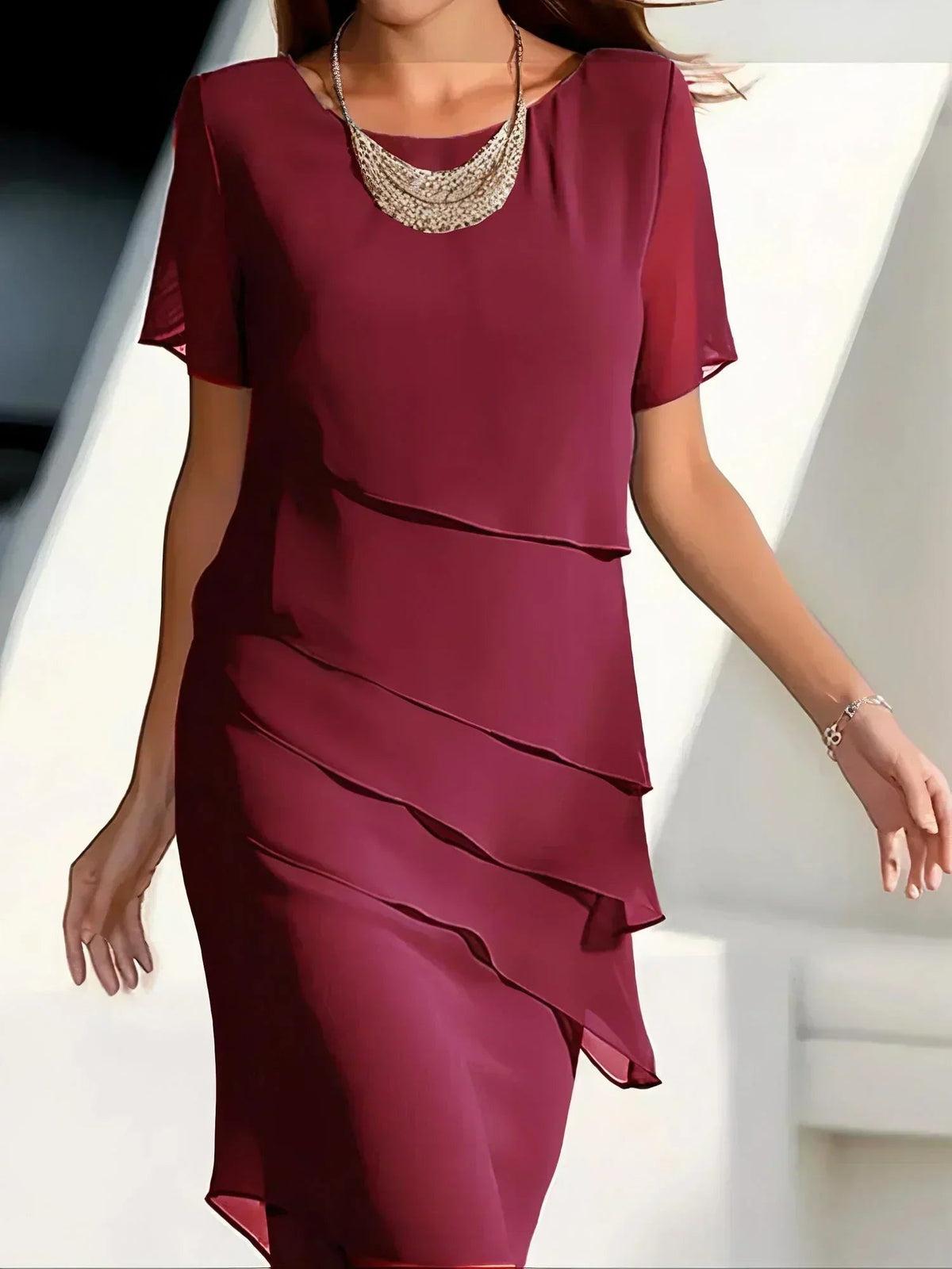 Claire | Refined Flowy Short Sleeve Dress — Red — Alfa Empire, view 2