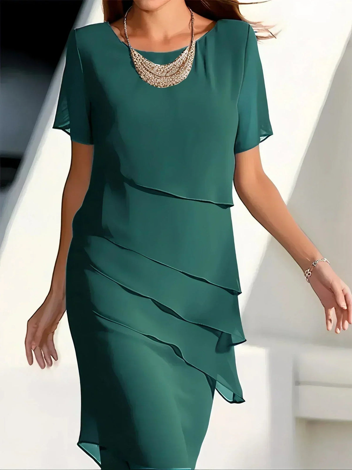 Claire | Refined Flowy Short Sleeve Dress — Green — Alfa Empire, view 3