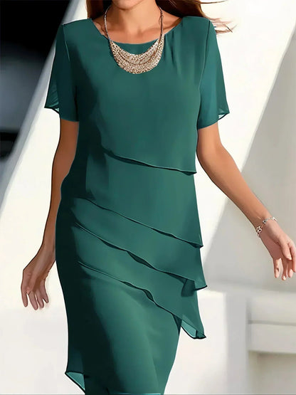 Claire | Refined Flowy Short Sleeve Dress — Green — Alfa Empire, view 3