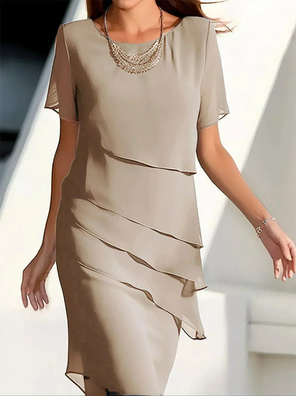 Claire | Refined Flowy Short Sleeve Dress — Khaki — Alfa Empire, view 4