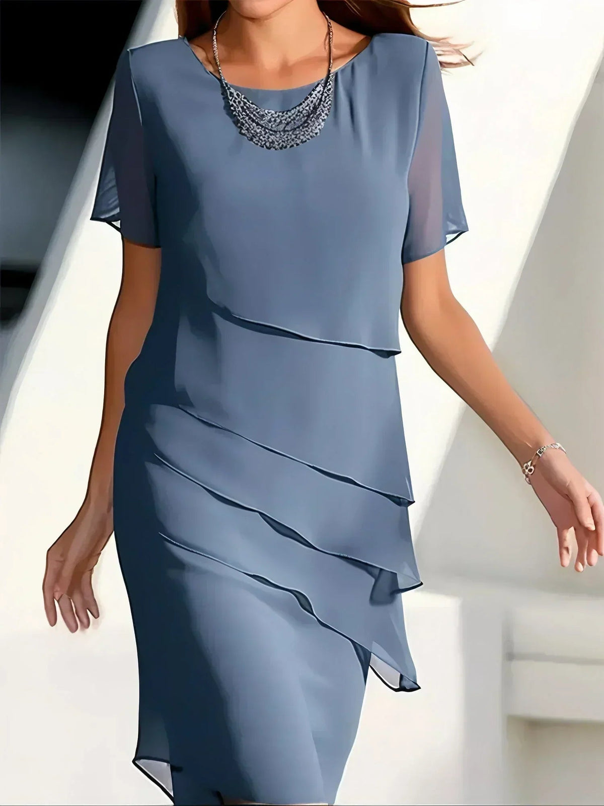 Claire | Refined Flowy Short Sleeve Dress — Blue — Alfa Empire, view 5
