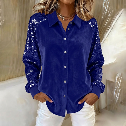 Claudia | Sequin Sleeve Velvet Button-Up Shirt — Blue — Alfa Empire, view 1