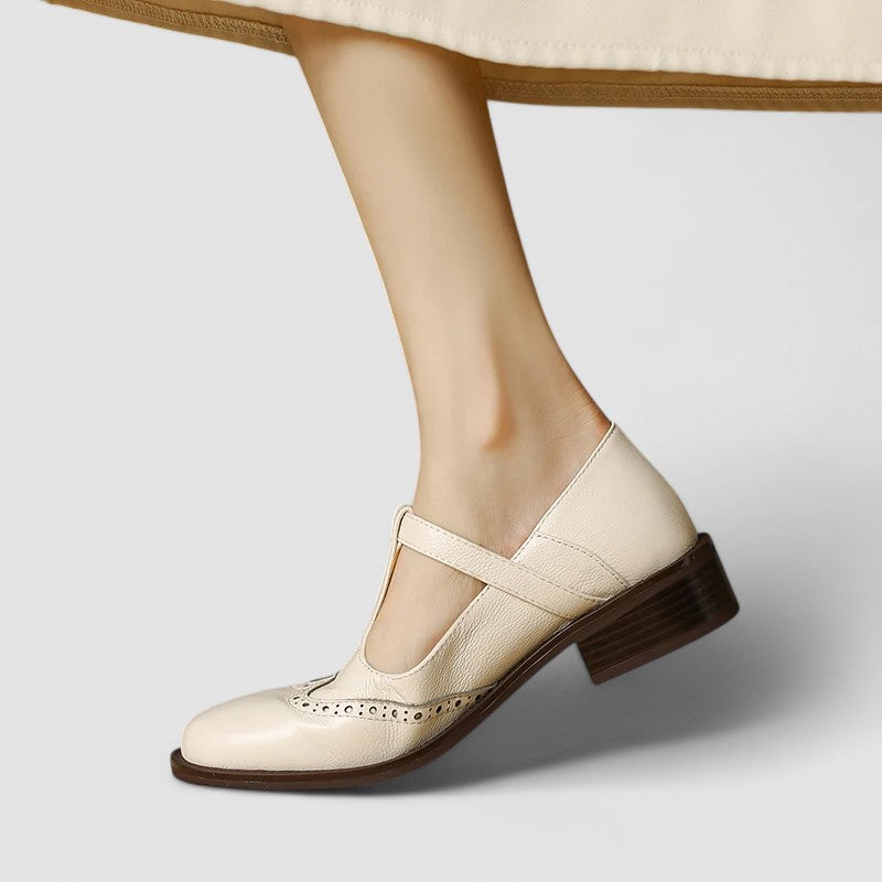 Claudia | Classic T-Bar Mary Jane Flat Shoes — Beige — Alfa Empire, view 1