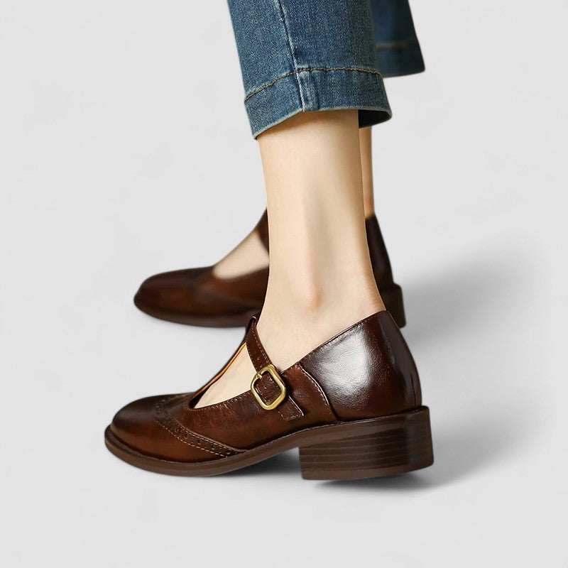 Claudia | Classic T-Bar Mary Jane Flat Shoes — Brown — Alfa Empire, view 3