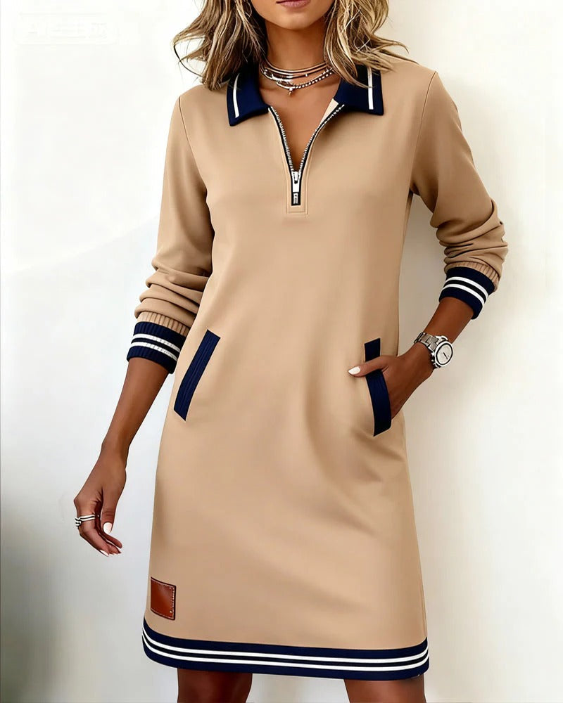 Colette | Chic Long Sleeve Collar Dress — Beige — Alfa Empire, view 18