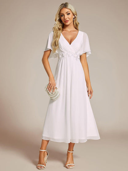 Short Sleeve V-Neck Tea Length Wedding Guest Dress with Floral Applique — White