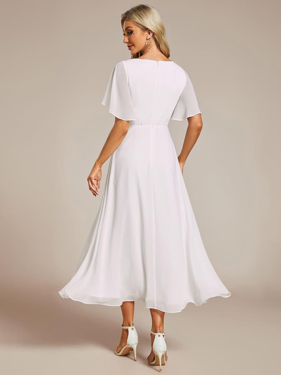 Short Sleeve V-Neck Tea Length Wedding Guest Dress with Floral Applique