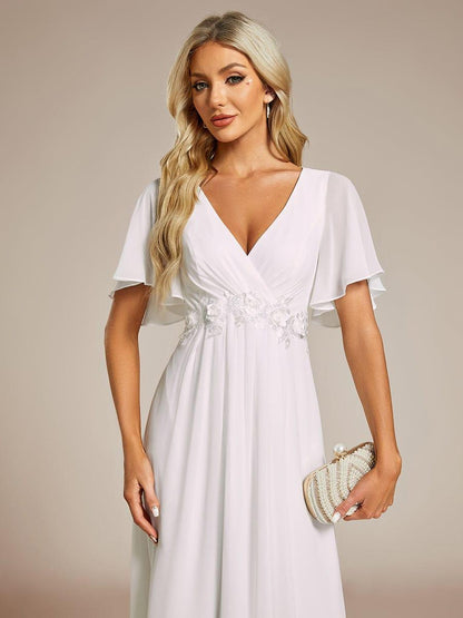 Short Sleeve V-Neck Tea Length Wedding Guest Dress with Floral Applique
