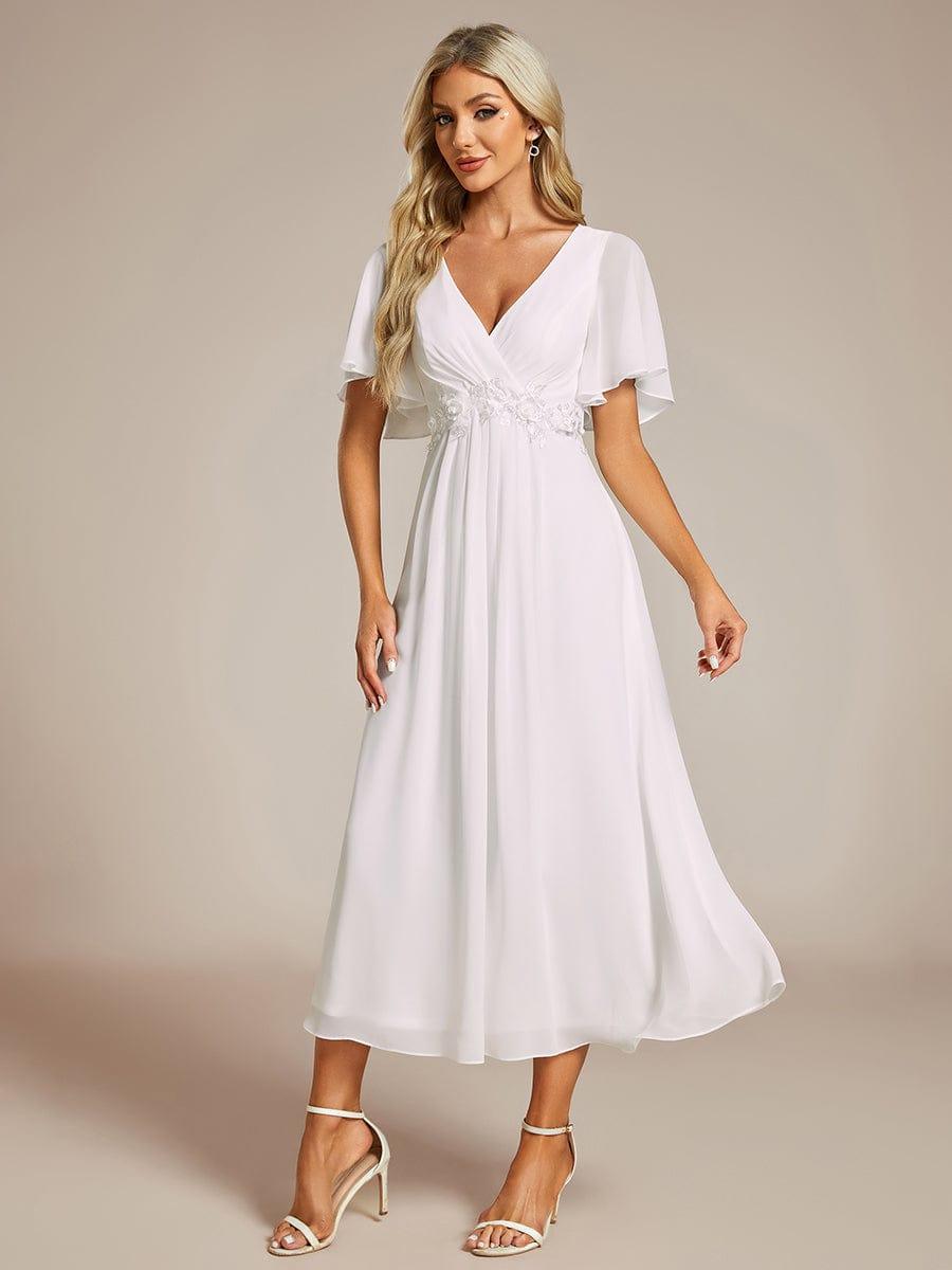 Short Sleeve V-Neck Tea Length Wedding Guest Dress with Floral Applique
