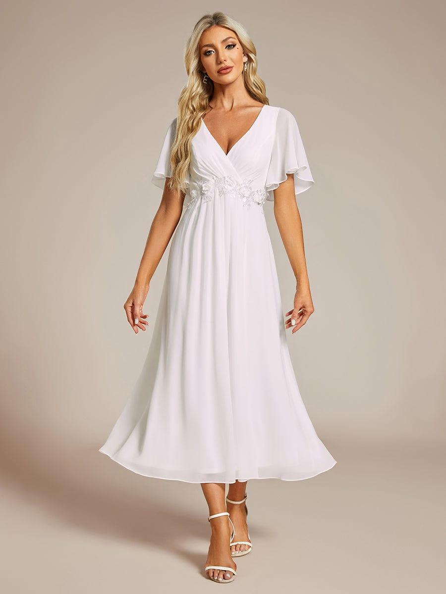 Short Sleeve V-Neck Tea Length Wedding Guest Dress with Floral Applique