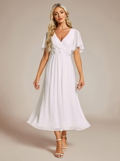 Short Sleeve V-Neck Tea Length Wedding Guest Dress with Floral Applique