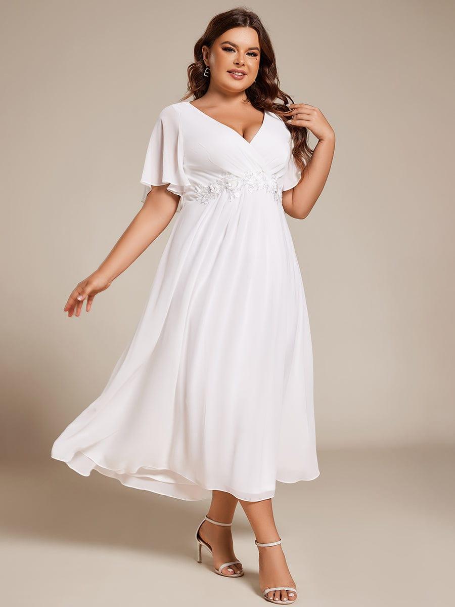Short Sleeve V-Neck Tea Length Wedding Guest Dress with Floral Applique