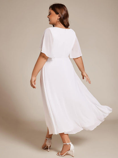 Short Sleeve V-Neck Tea Length Wedding Guest Dress with Floral Applique