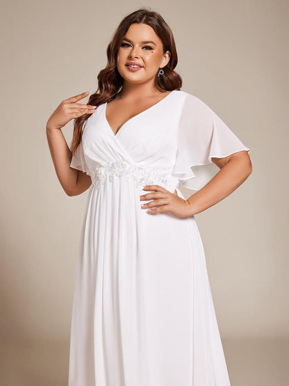 Short Sleeve V-Neck Tea Length Wedding Guest Dress with Floral Applique