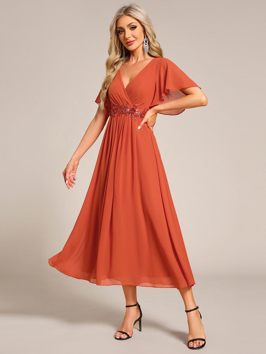 Short Sleeve V-Neck Tea Length Wedding Guest Dress with Floral Applique — Burnt Orange
