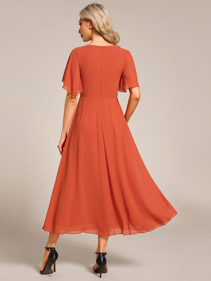 Short Sleeve V-Neck Tea Length Wedding Guest Dress with Floral Applique