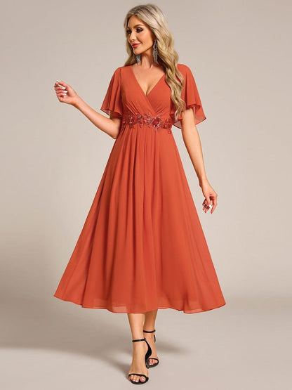 Short Sleeve V-Neck Tea Length Wedding Guest Dress with Floral Applique