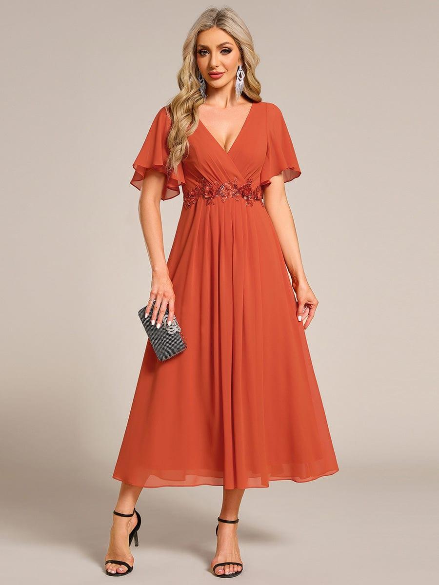 Short Sleeve V-Neck Tea Length Wedding Guest Dress with Floral Applique