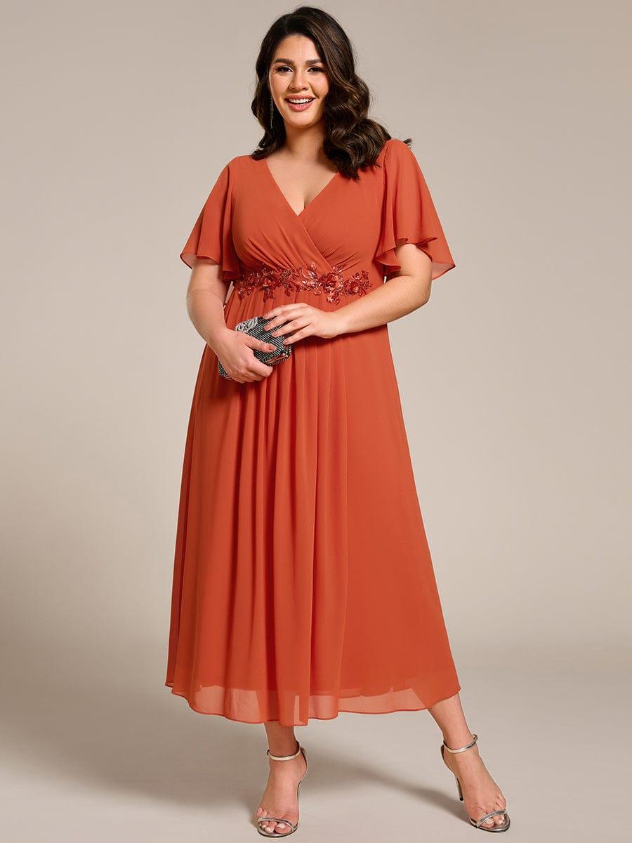 Short Sleeve V-Neck Tea Length Wedding Guest Dress with Floral Applique