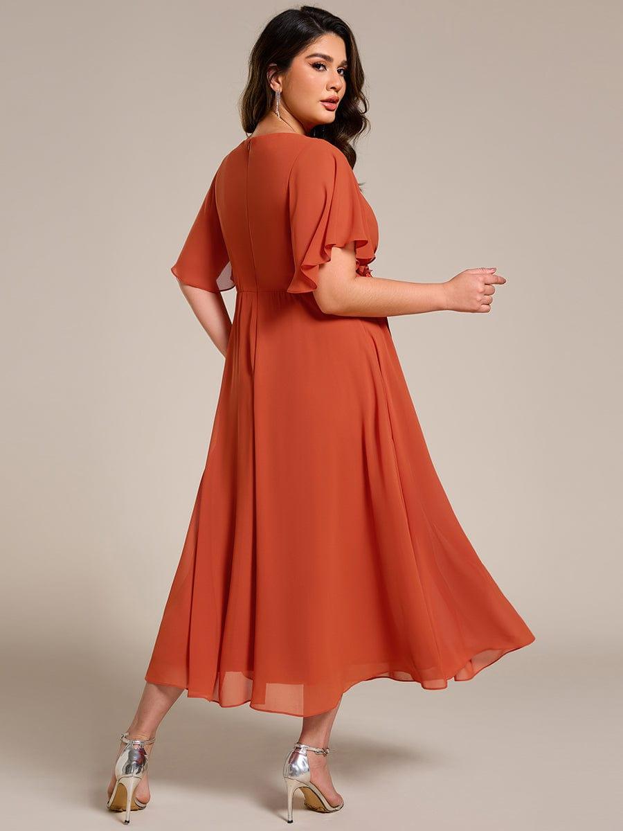Short Sleeve V-Neck Tea Length Wedding Guest Dress with Floral Applique