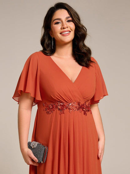 Short Sleeve V-Neck Tea Length Wedding Guest Dress with Floral Applique